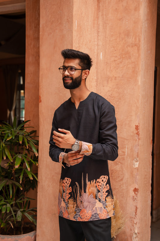 Aquatic Plant Ebony Kurta Pant Set
