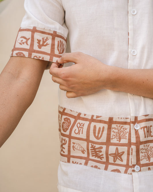 Aqua Block Terracotta Base Patch Linen Shirt