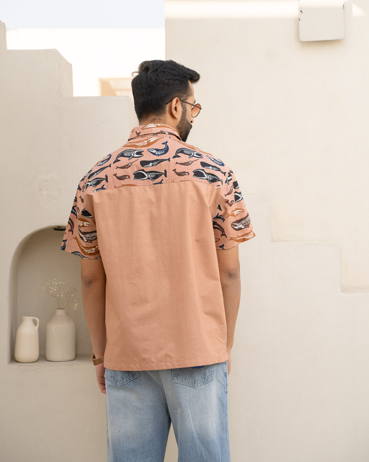Skeleton Fish Brown Pocket Cotton Shirt