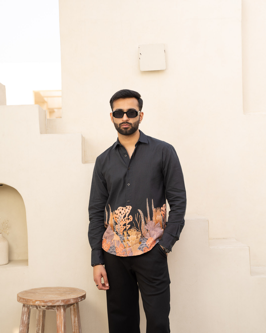 Aquatic Plant Ebony Full Sleeves Linen Shirt