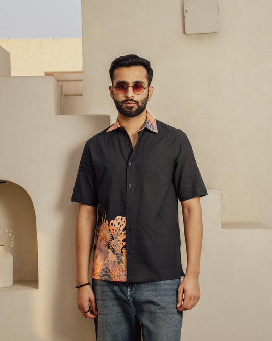 Aquatic Plant Ebony Side Patch Linen Shirt