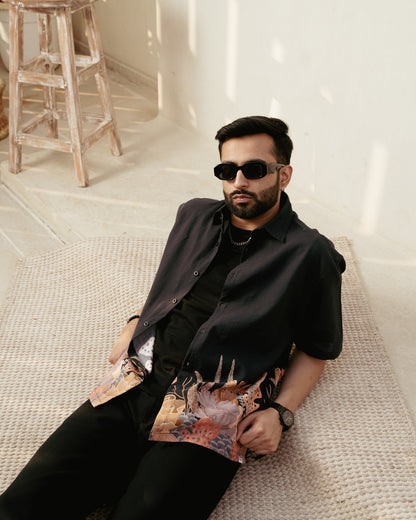 Aquatic Plant Ebony Oversize Linen Shirt