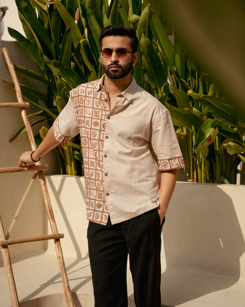 Aqua Block Terracotta Beige Oversize Linen Shirt