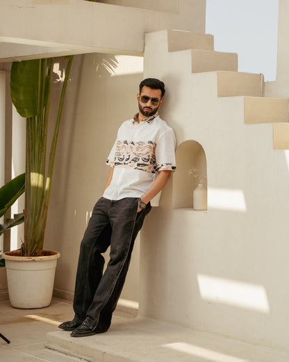 Skeleton Fish Flirt Middle Patch Oversize Linen Shirt