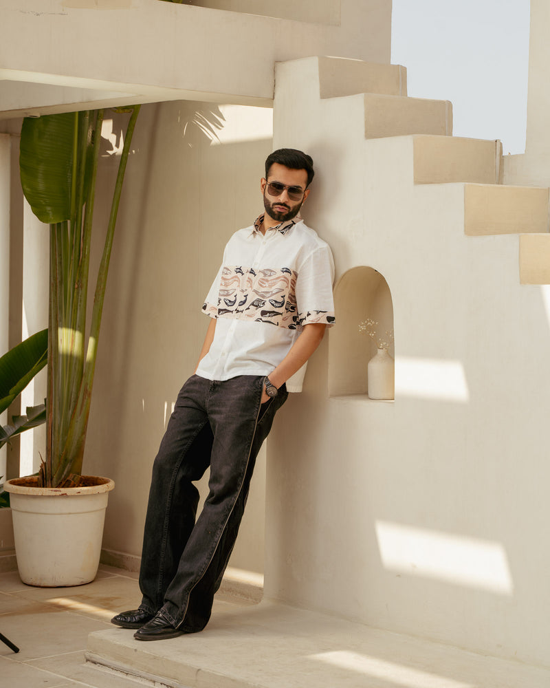 Skeleton Fish Flirt Middle Patch Oversize Linen Shirt