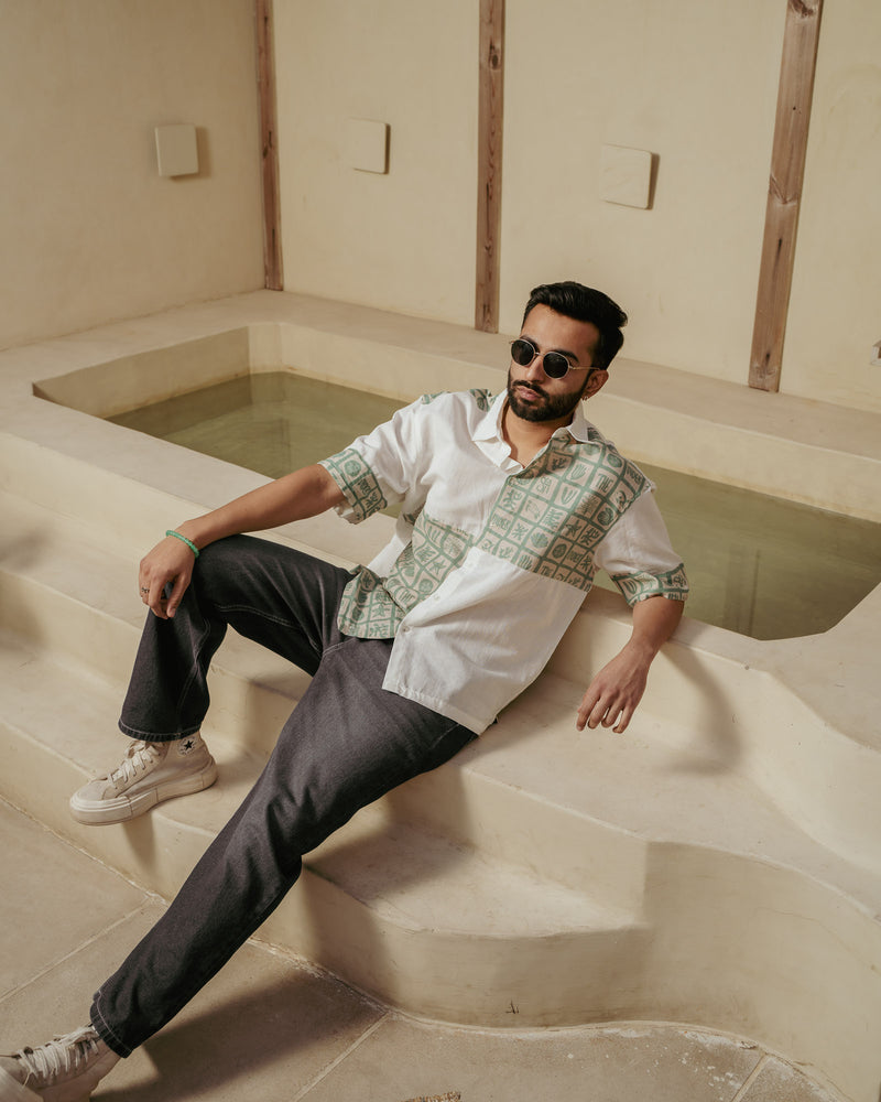 Aqua Block Mint Checks Oversize Linen Shirt