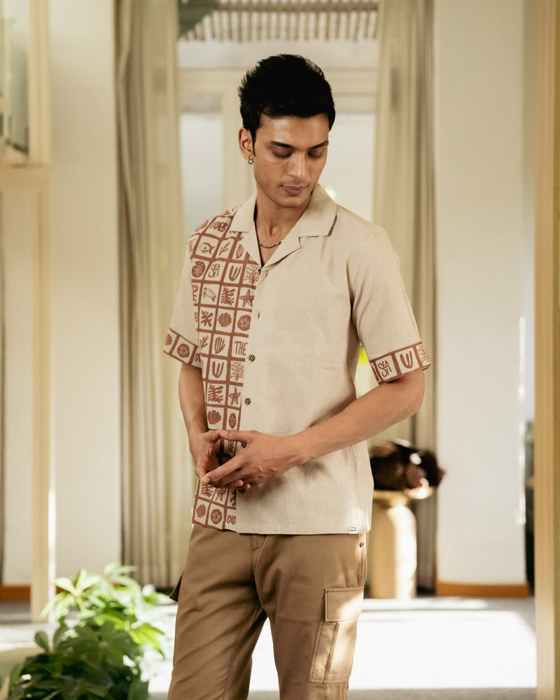 Aqua Block Terracotta Beige Linen Shirt