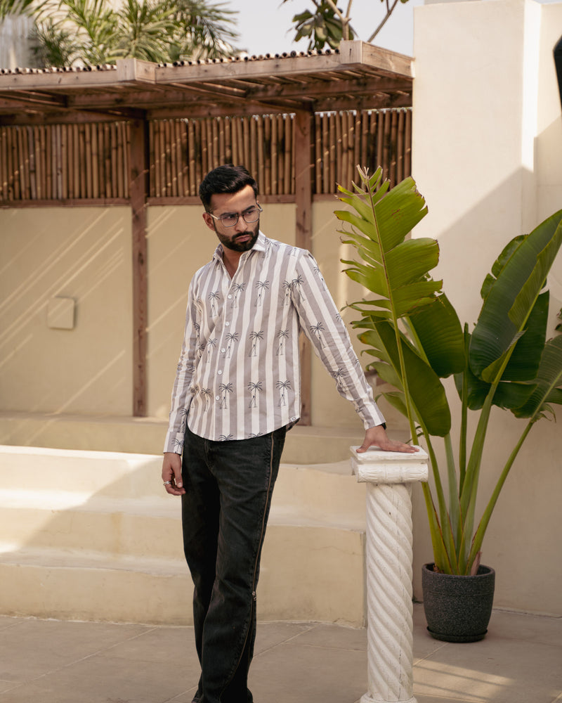 Palm Tree Grey Full Sleeves Cotton Shirt