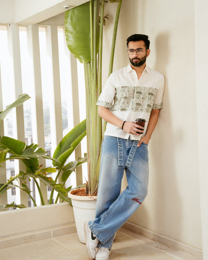 Beach Doodle Olive Middle Patch Linen Shirt