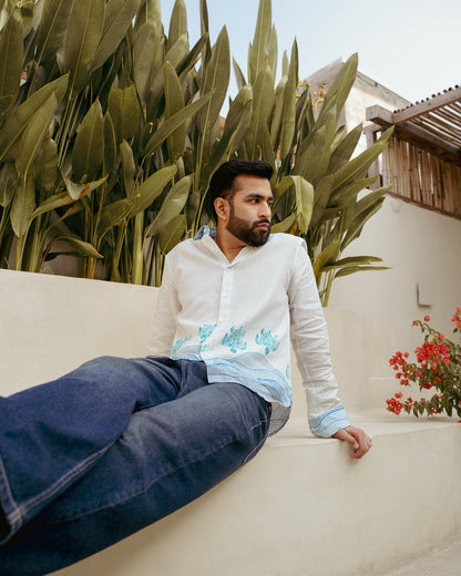 Block Turtle  Sky Full Sleeves Linen Shirt