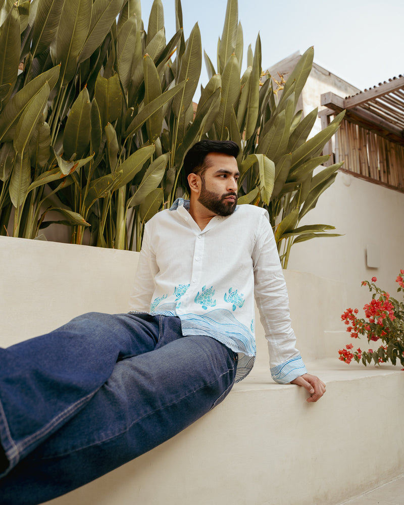 Block Turtle  Sky Full Sleeves Linen Shirt