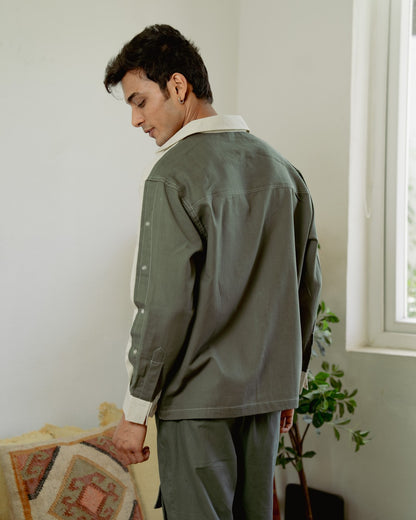 Khadi Olive Button-Up Oversize Full Sleeve Shirt