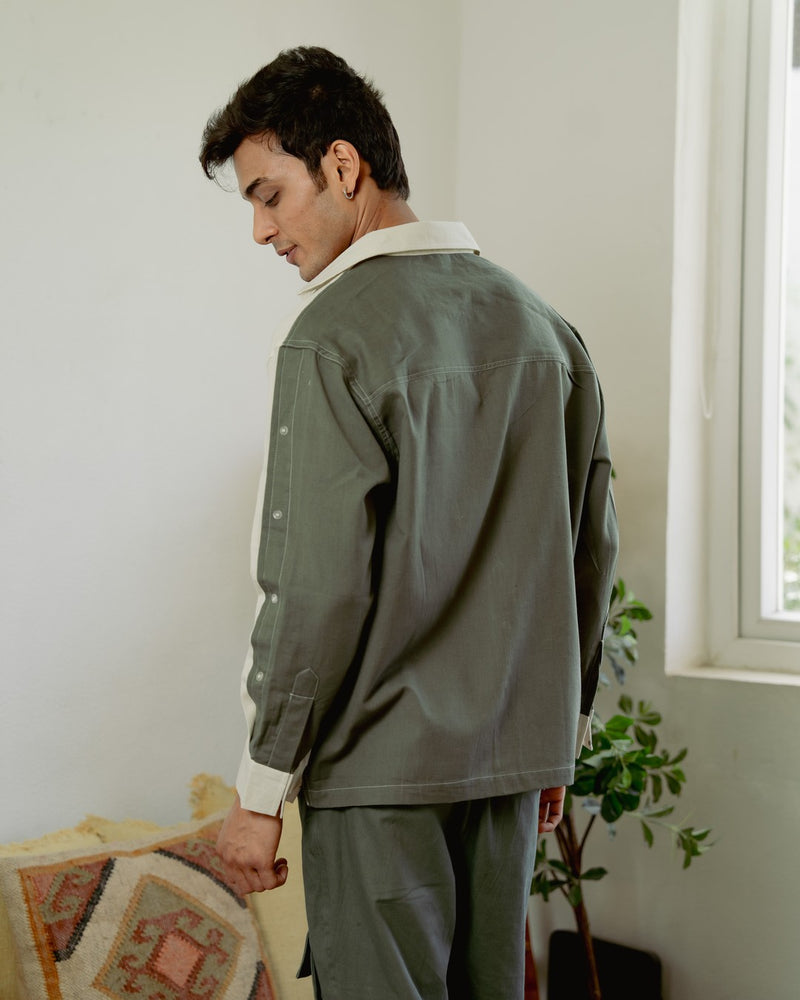 Khadi Olive Button-Up Oversize Full Sleeve Shirt