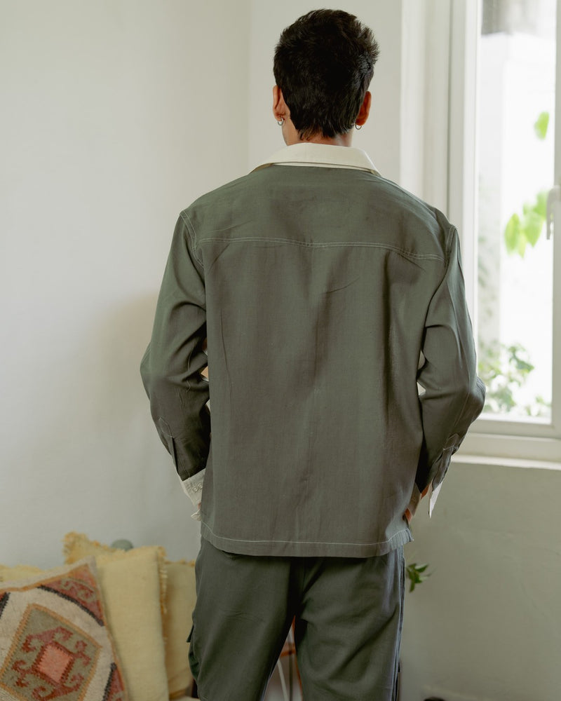 Khadi Olive Button-Up Oversize Full Sleeve Shirt