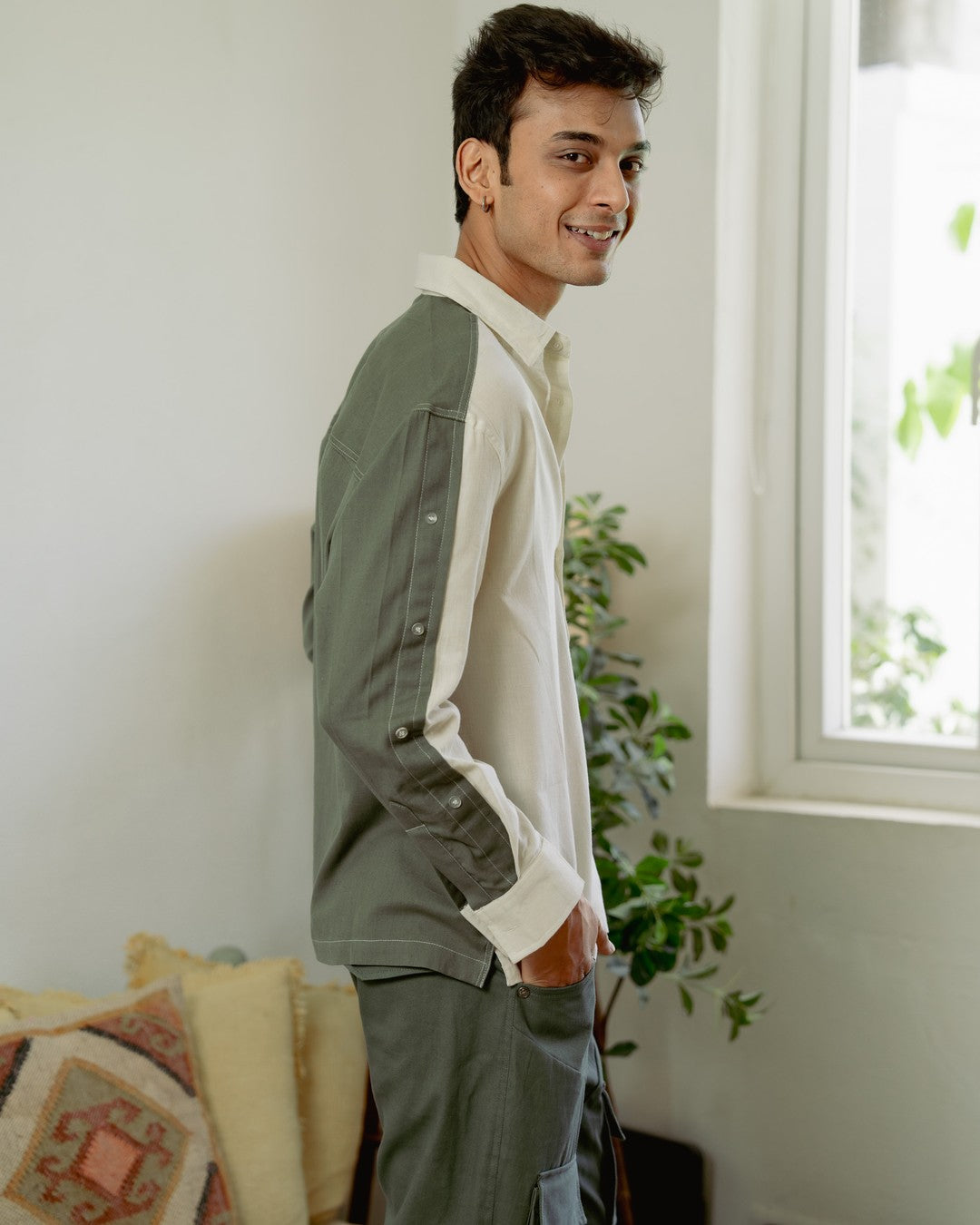 Khadi Olive Button-Up Oversize Full Sleeve Shirt