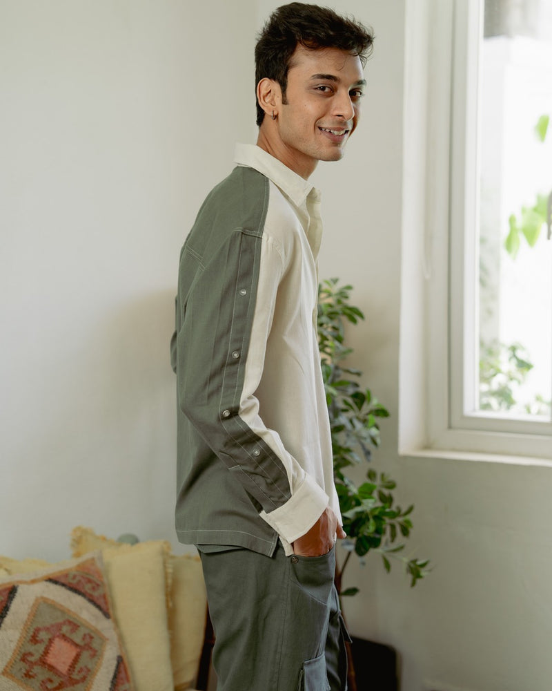 Khadi Olive Button-Up Oversize Full Sleeve Shirt