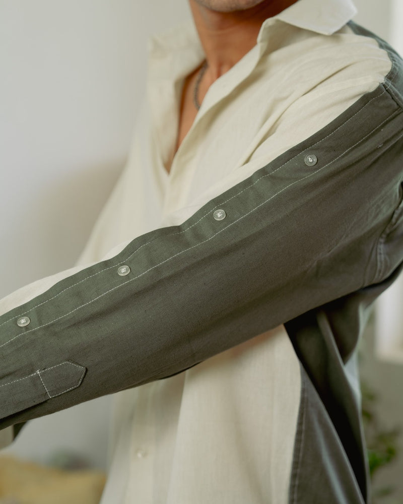 Khadi Olive Button-Up Oversize Full Sleeve Shirt