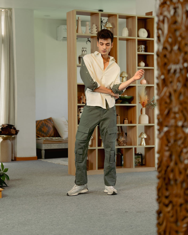 Khadi Olive Button-Up Oversize Full Sleeve Shirt