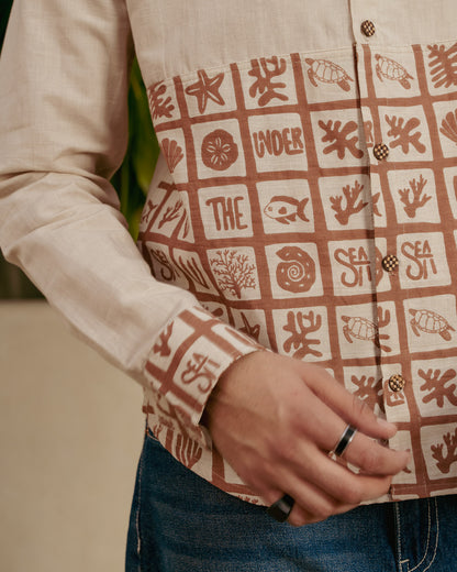 Aqua Block Terracotta Lower Patch Full Sleeves Linen Shirt
