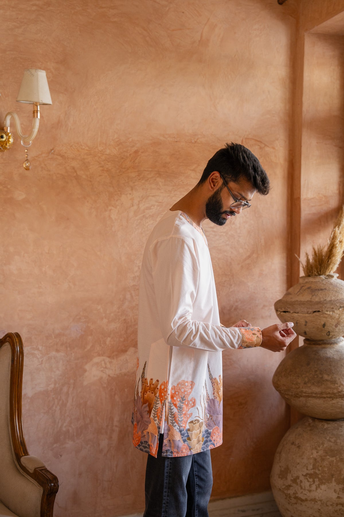 Aquatic Plant Ivory Kurta