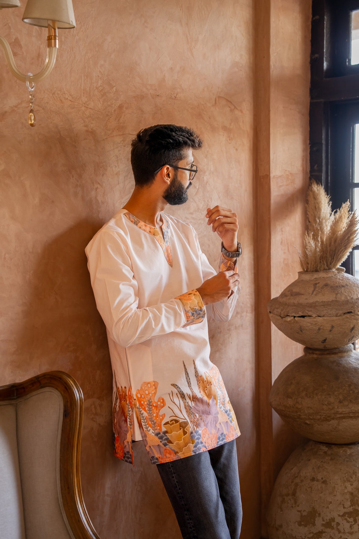 Aquatic Plant Ivory Kurta