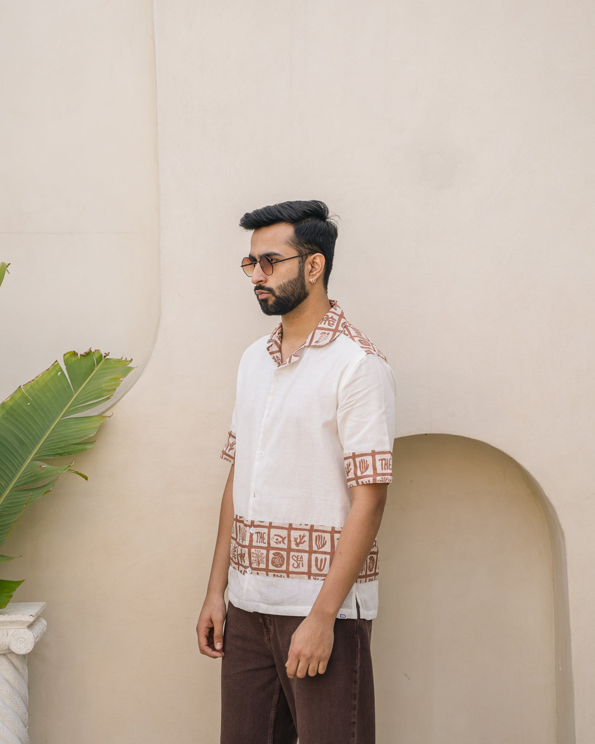 Aqua Block Terracotta Base Patch Linen Shirt