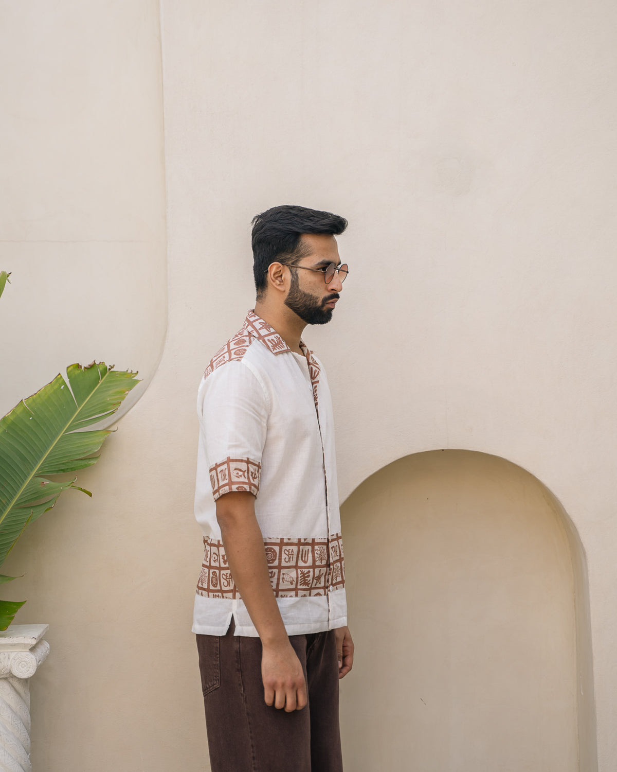 Aqua Block Terracotta Base Patch Linen Shirt