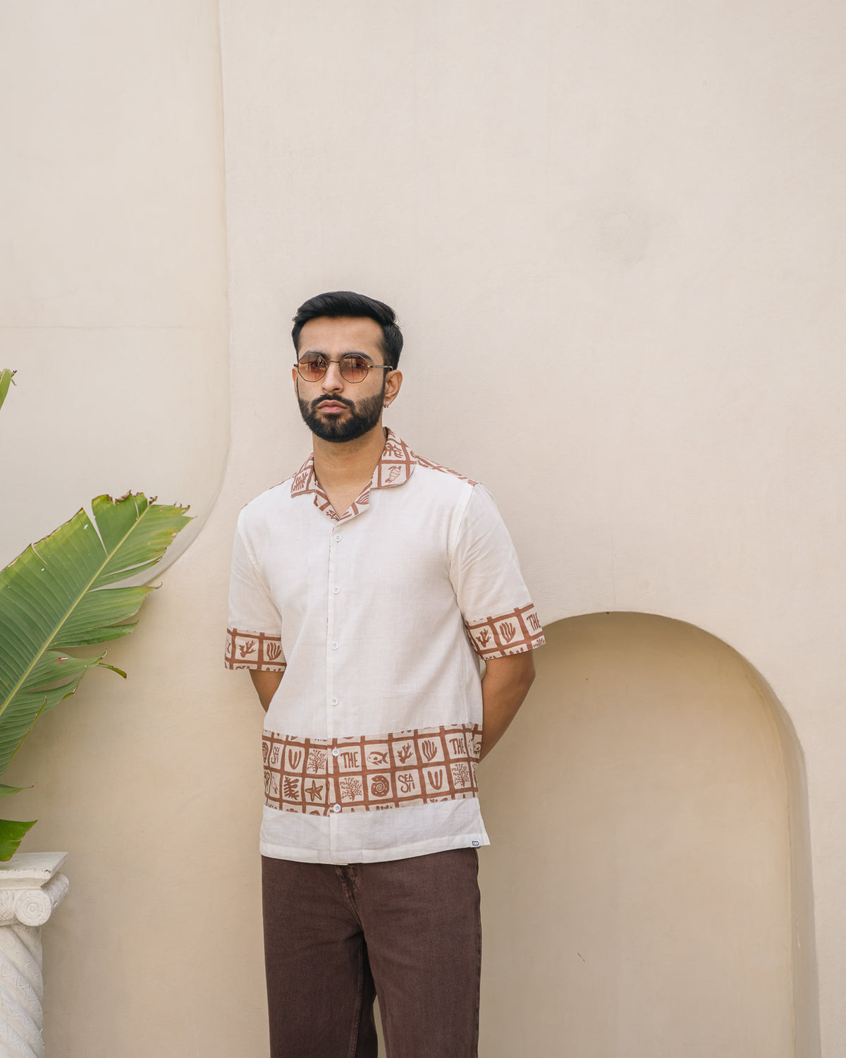 Aqua Block Terracotta Base Patch Linen Shirt