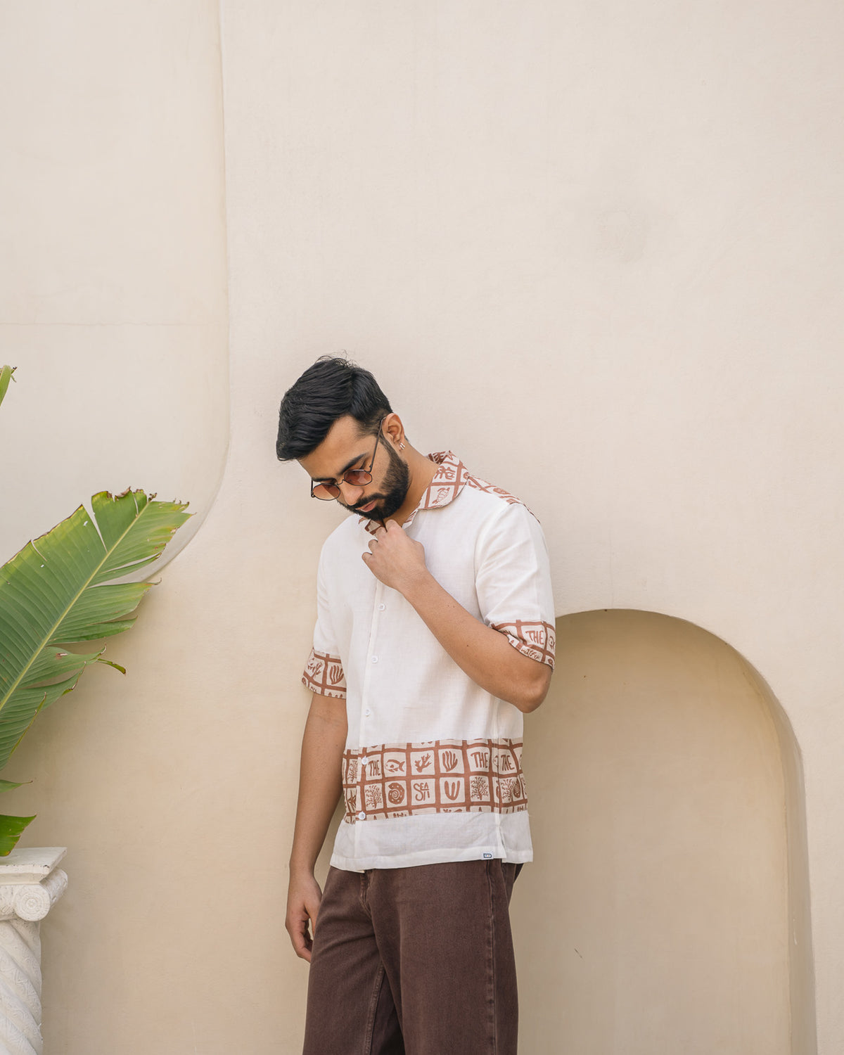Aqua Block Terracotta Base Patch Linen Shirt