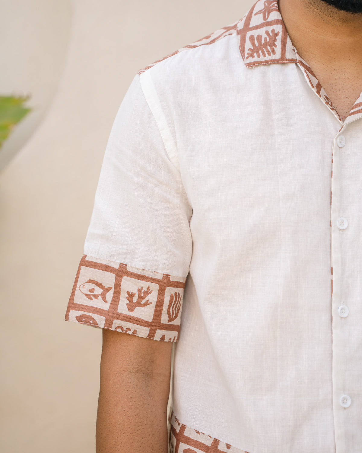 Aqua Block Terracotta Base Patch Linen Shirt