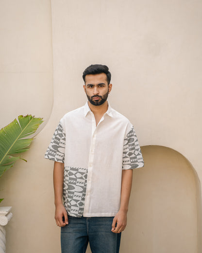 Funky Fish Teal Blue Side Patch Oversize Linen Shirt