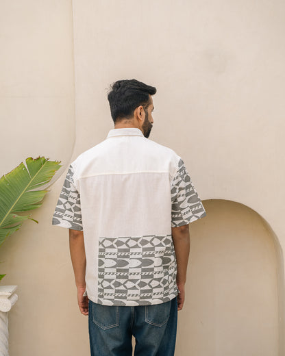 Funky Fish Teal Blue Side Patch Oversize Linen Shirt