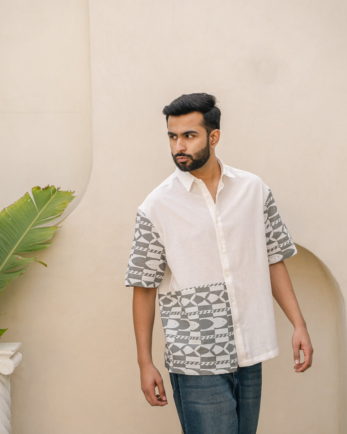 Funky Fish Teal Blue Side Patch Oversize Linen Shirt