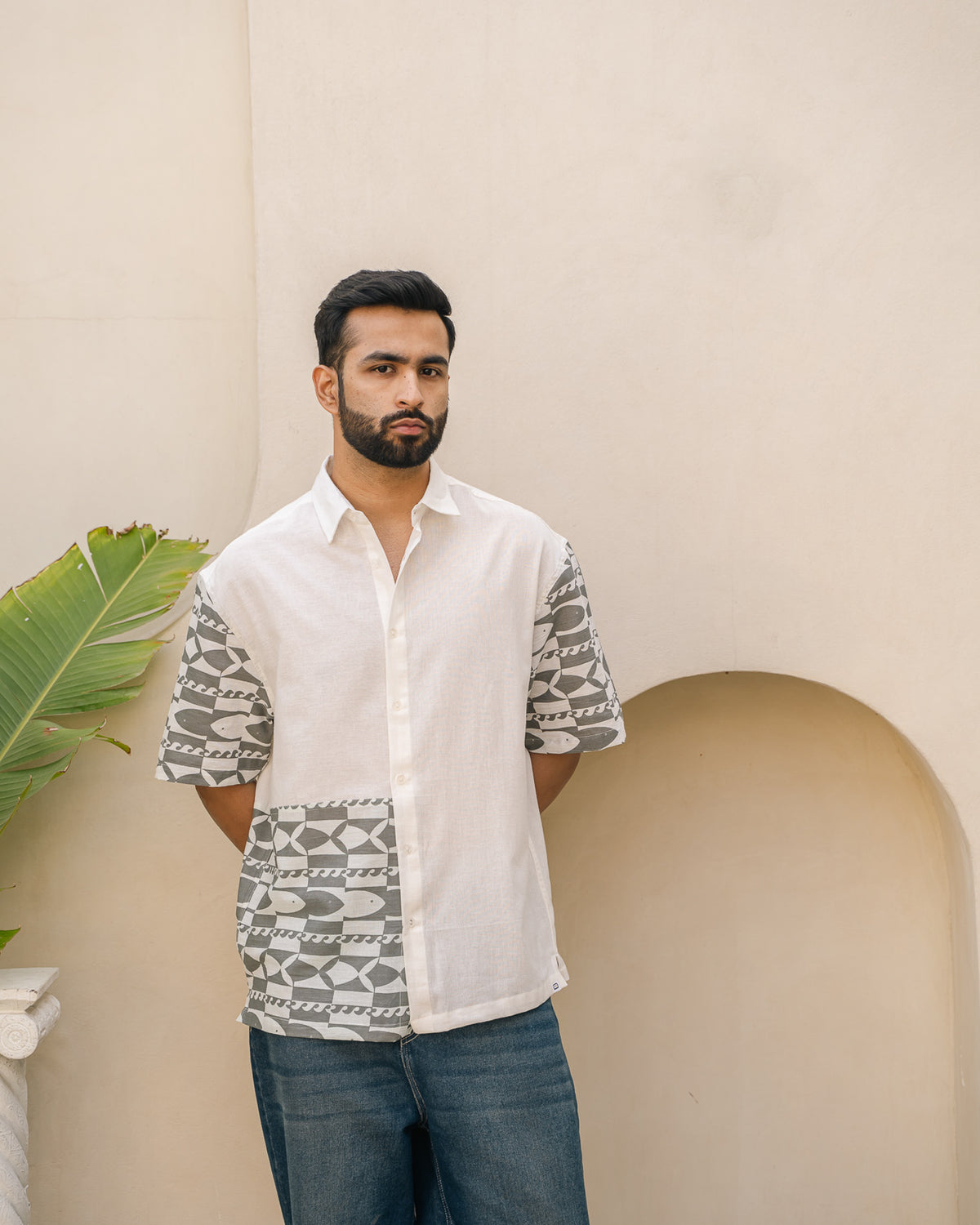 Funky Fish Teal Blue Side Patch Oversize Linen Shirt