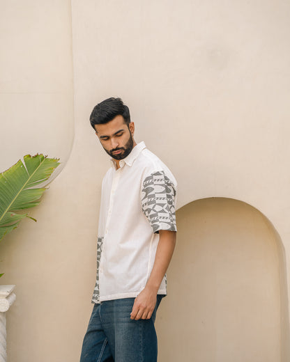 Funky Fish Teal Blue Side Patch Oversize Linen Shirt