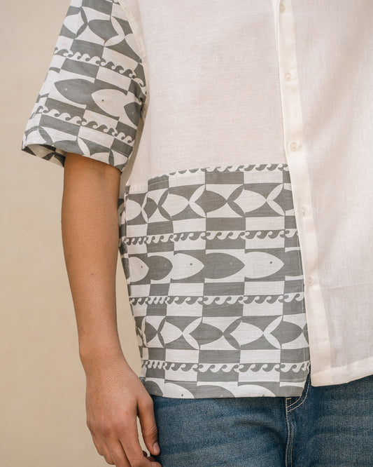 Funky Fish Teal Blue Side Patch Oversize Linen Shirt