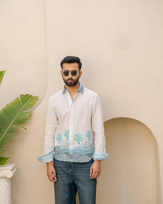 Block Turtle  Sky Full Sleeves Linen Shirt