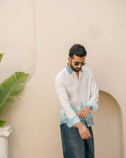 Block Turtle  Sky Full Sleeves Linen Shirt