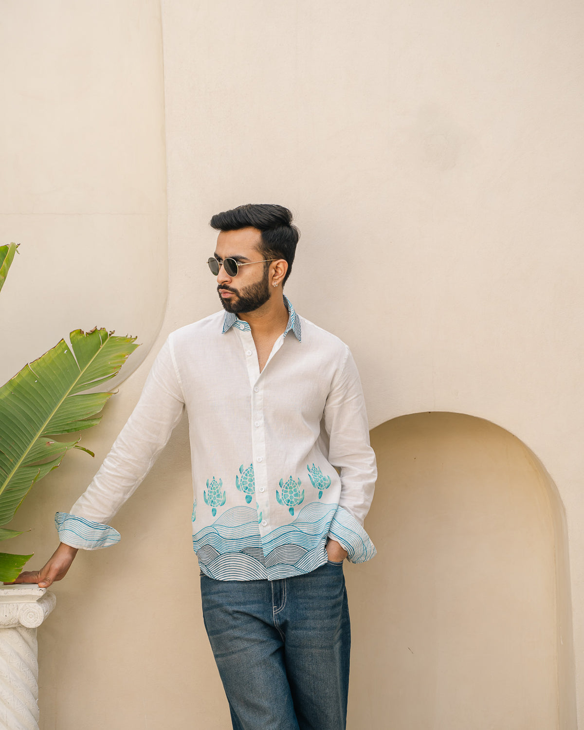 Block Turtle  Sky Full Sleeves Linen Shirt