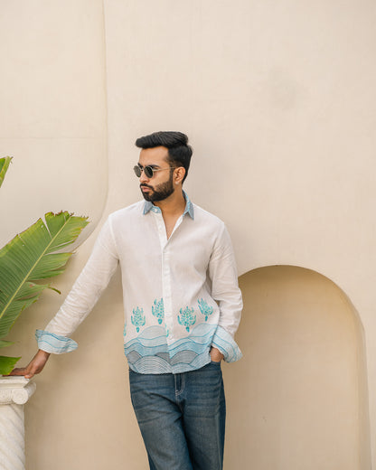 Block Turtle  Sky Full Sleeves Linen Shirt