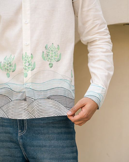 Block Turtle  Mint Full Sleeves Linen Shirt