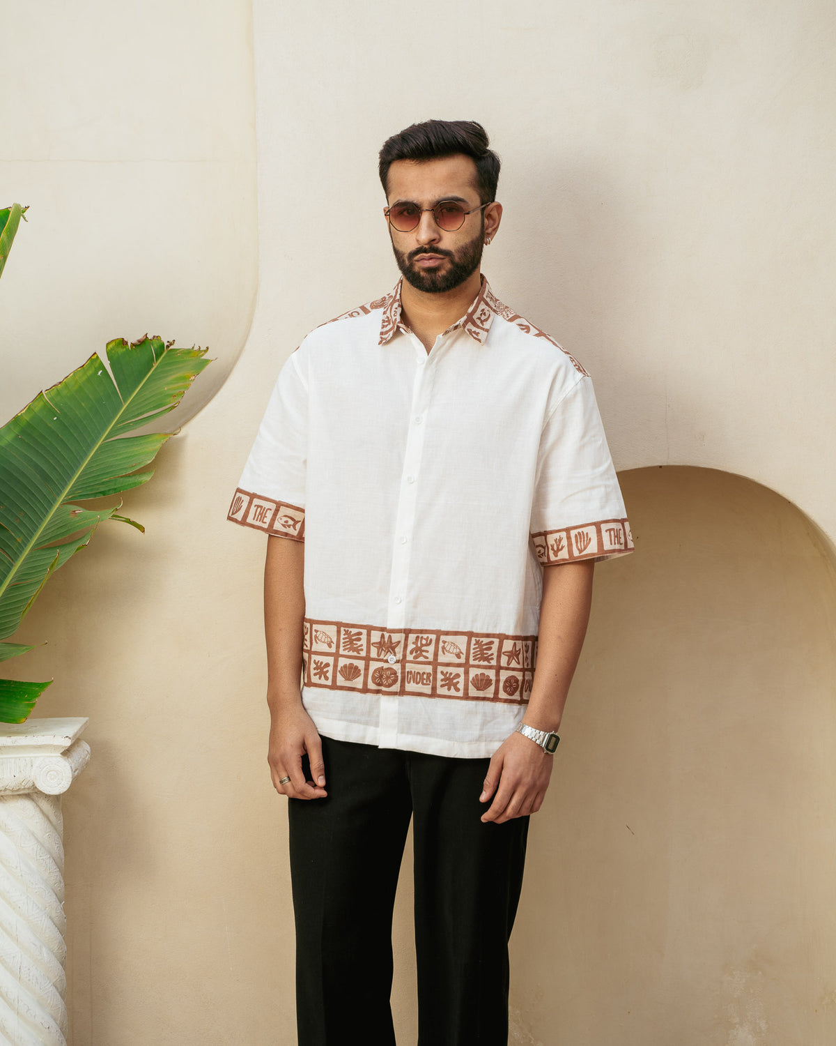 Aqua Block Terracotta Base Patch Oversize Linen Shirt