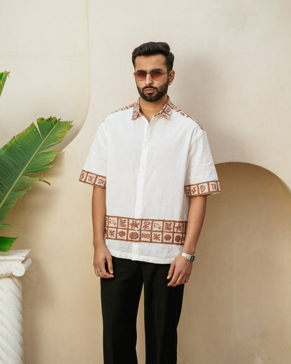 Aqua Block Terracotta Base Patch Oversize Linen Shirt