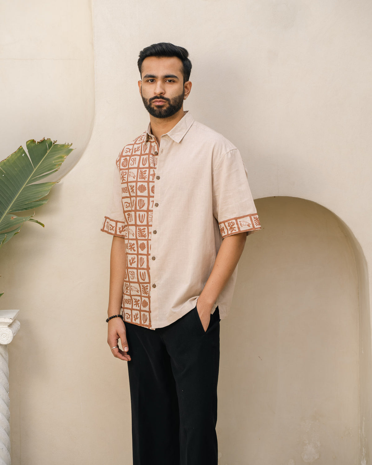 Aqua Block Terracotta Beige Oversize Linen Shirt
