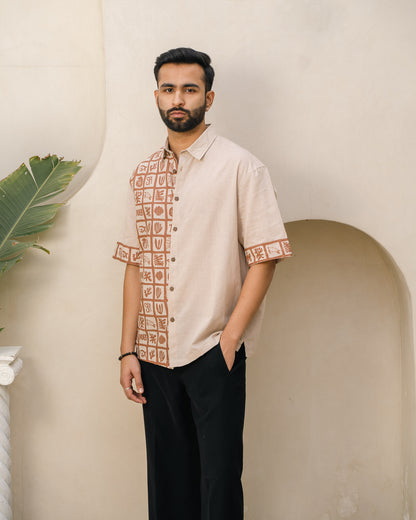 Aqua Block Terracotta Beige Oversize Linen Shirt