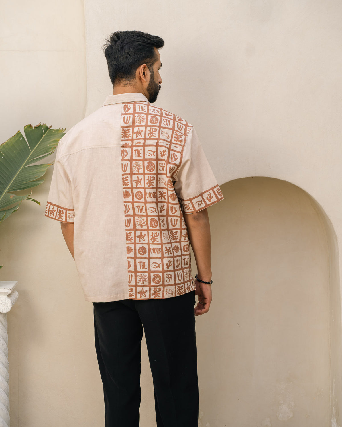 Aqua Block Terracotta Beige Oversize Linen Shirt