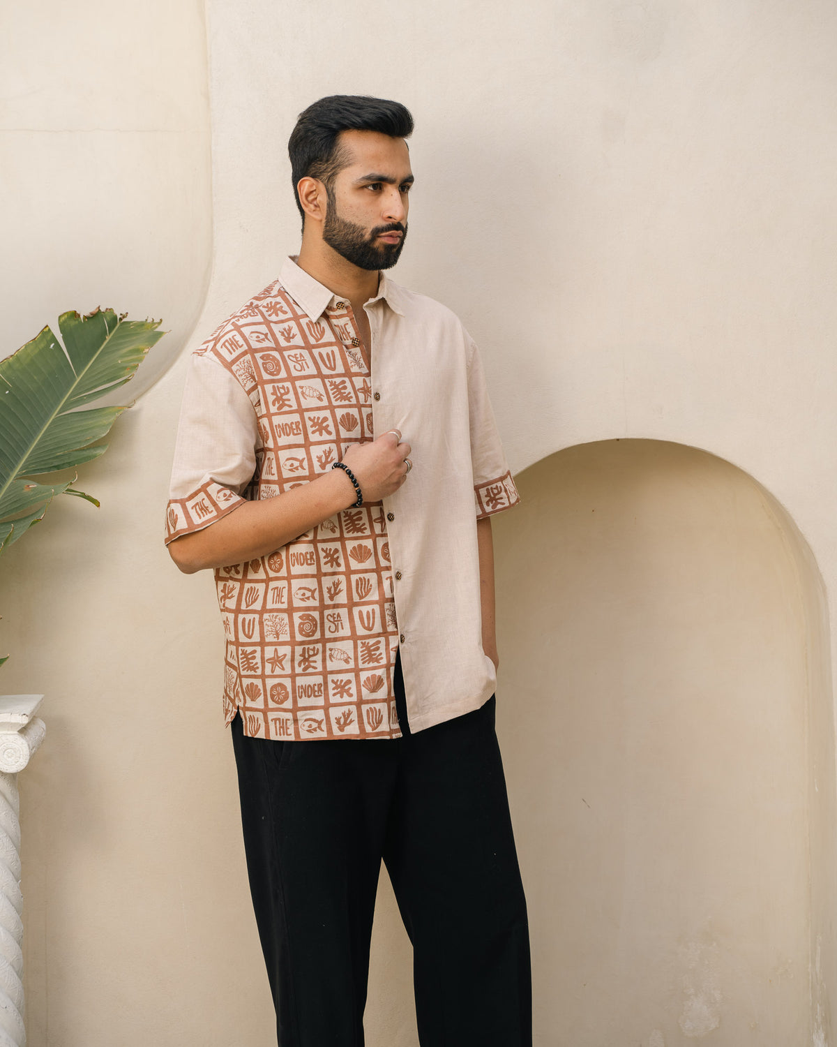 Aqua Block Terracotta Beige Oversize Linen Shirt