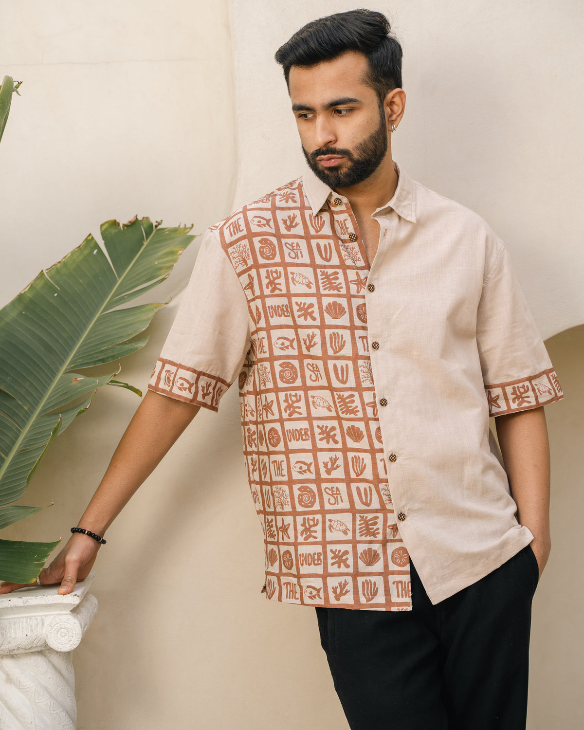 Aqua Block Terracotta Beige Oversize Linen Shirt