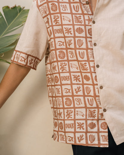 Aqua Block Terracotta Beige Oversize Linen Shirt