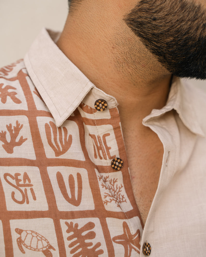 Aqua Block Terracotta Beige Oversize Linen Shirt